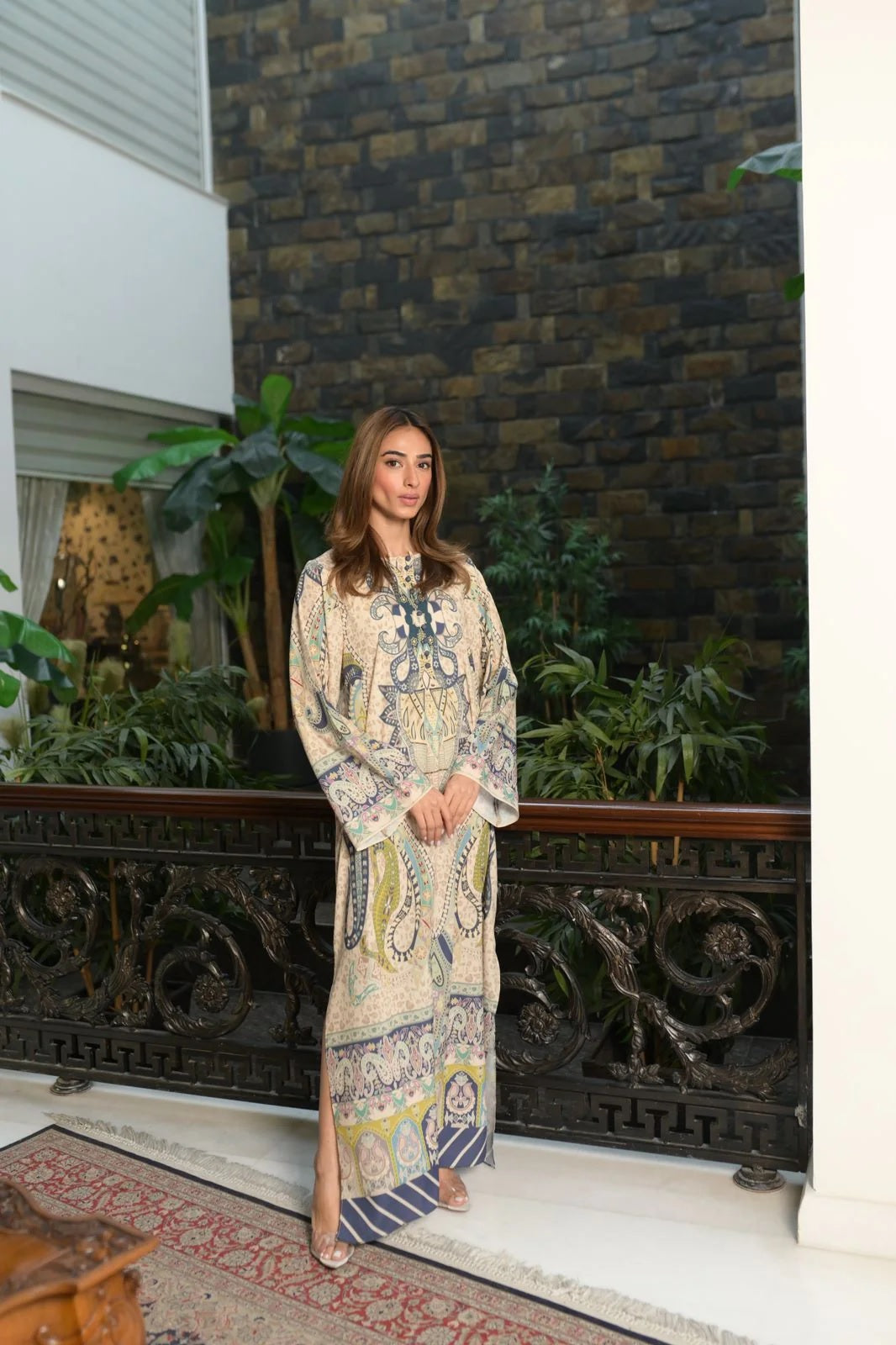 Printed Kaftan Maxi Dress - Beige &amp; Blue Ethnic Print