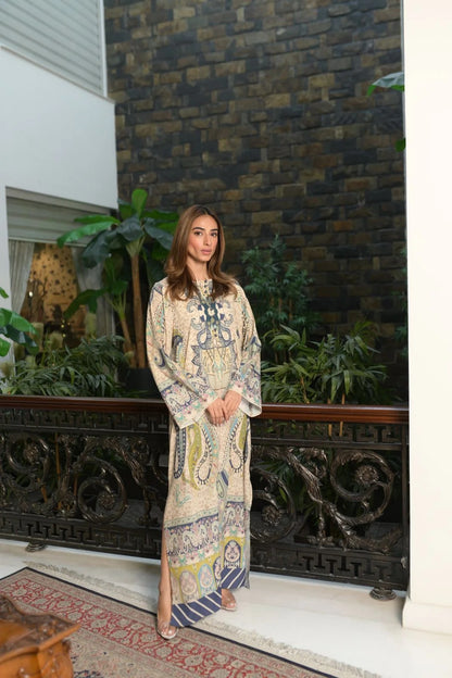Printed Kaftan Maxi Dress - Beige &amp; Blue Ethnic Print