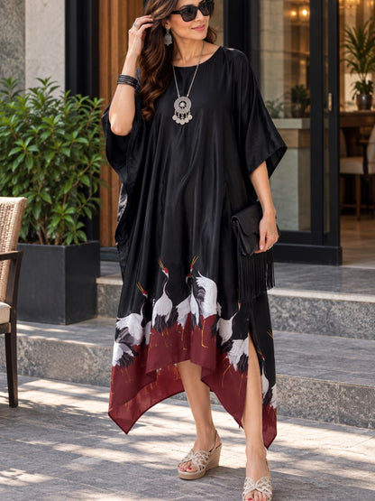 Black Crepe Crane Print Kaftan Dress for Women