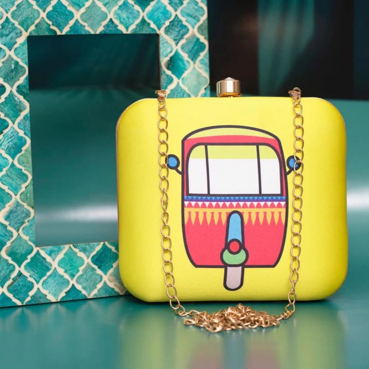 Auto Rickshaw Print Hard Case Box Clutch for Women