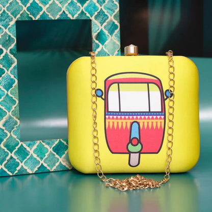 Auto Rickshaw Print Hard Case Box Clutch for Women