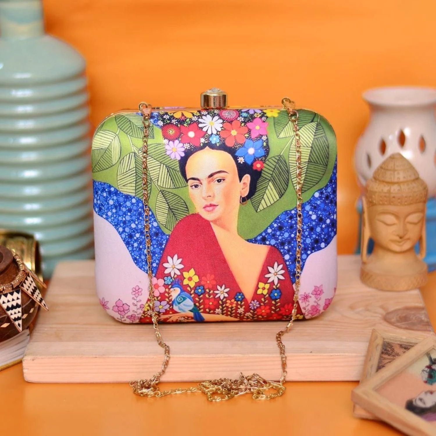Frida Floral Print Hard Case Box Clutch for Women