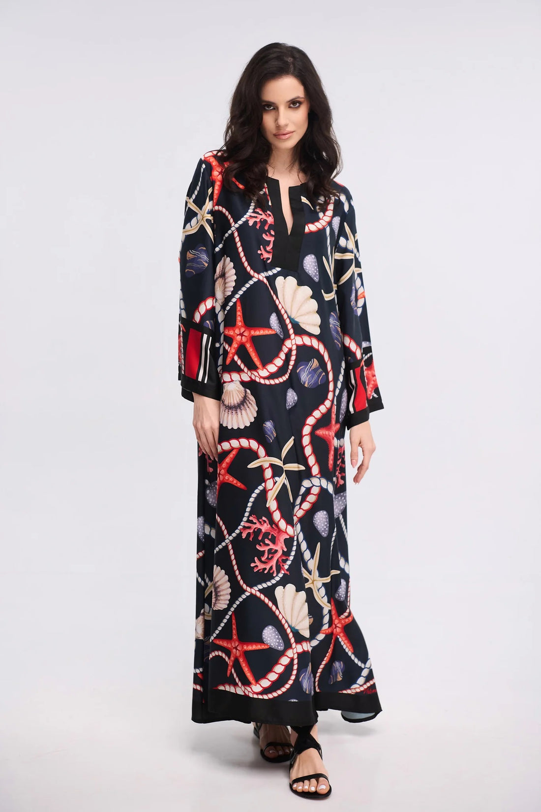 Navy Nautical Seashell &amp; Starfish Print Maxi Kaftan Dress – V-Neck Bell Sleeve Gown