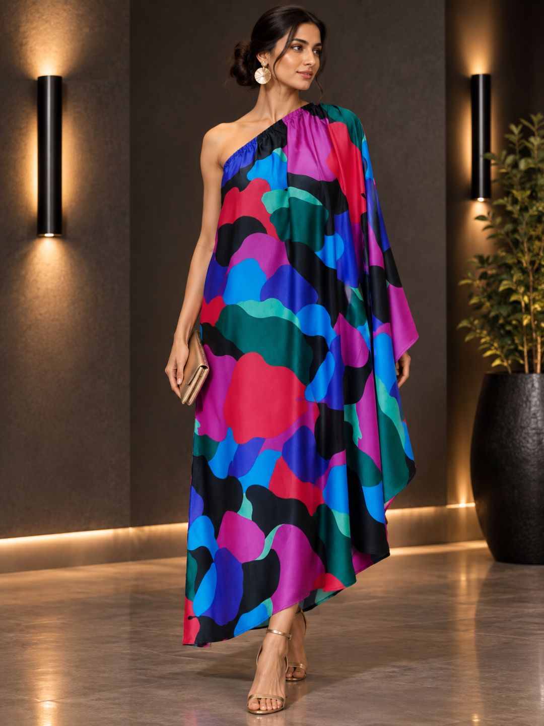 Multicolor Abstract Print Satin Silk Kaftan Dress with One-Shoulder Draped Design
