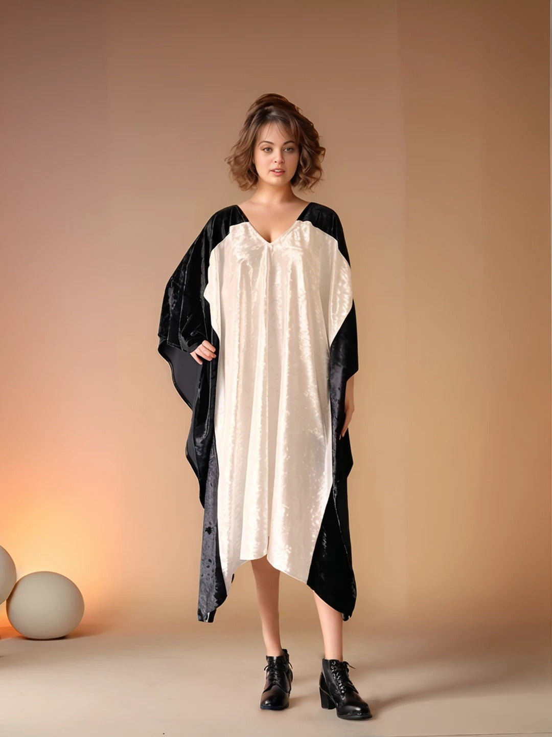 Elegant Black and White Velvet Kaftan