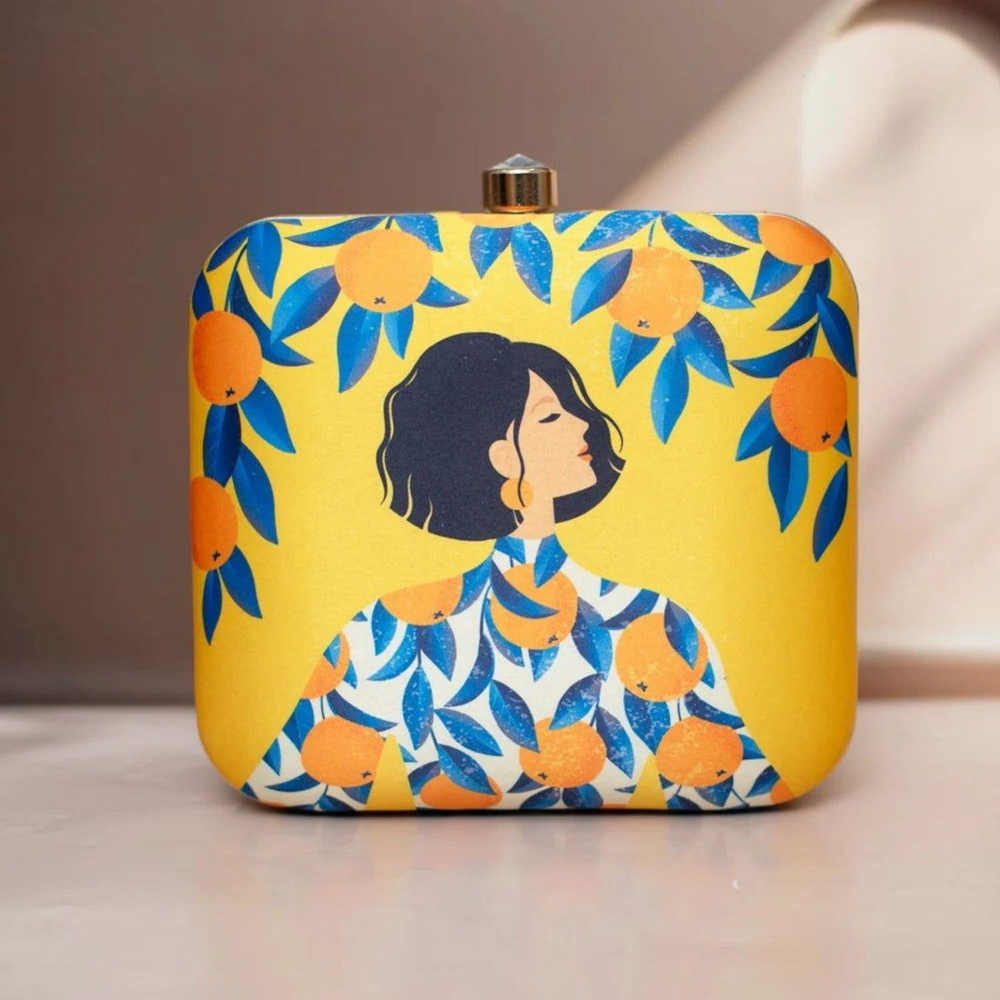 Citrus Bloom Art Print Hard Case Clutch Bag with Gold Chain