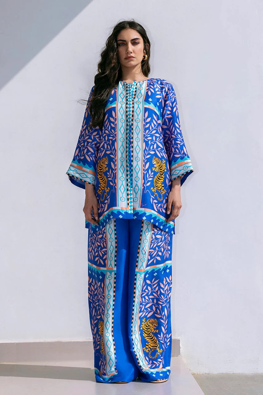 Royal Blue Tiger Print Co-Ord Set – Kaftan Style Kurta &amp; Wide-Leg Pants