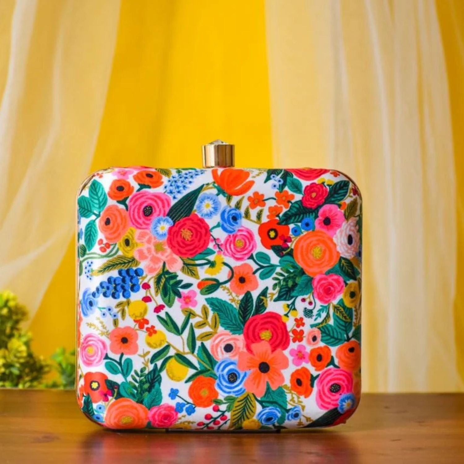 Floral Garden Print Hard Case Box Clutch for Women