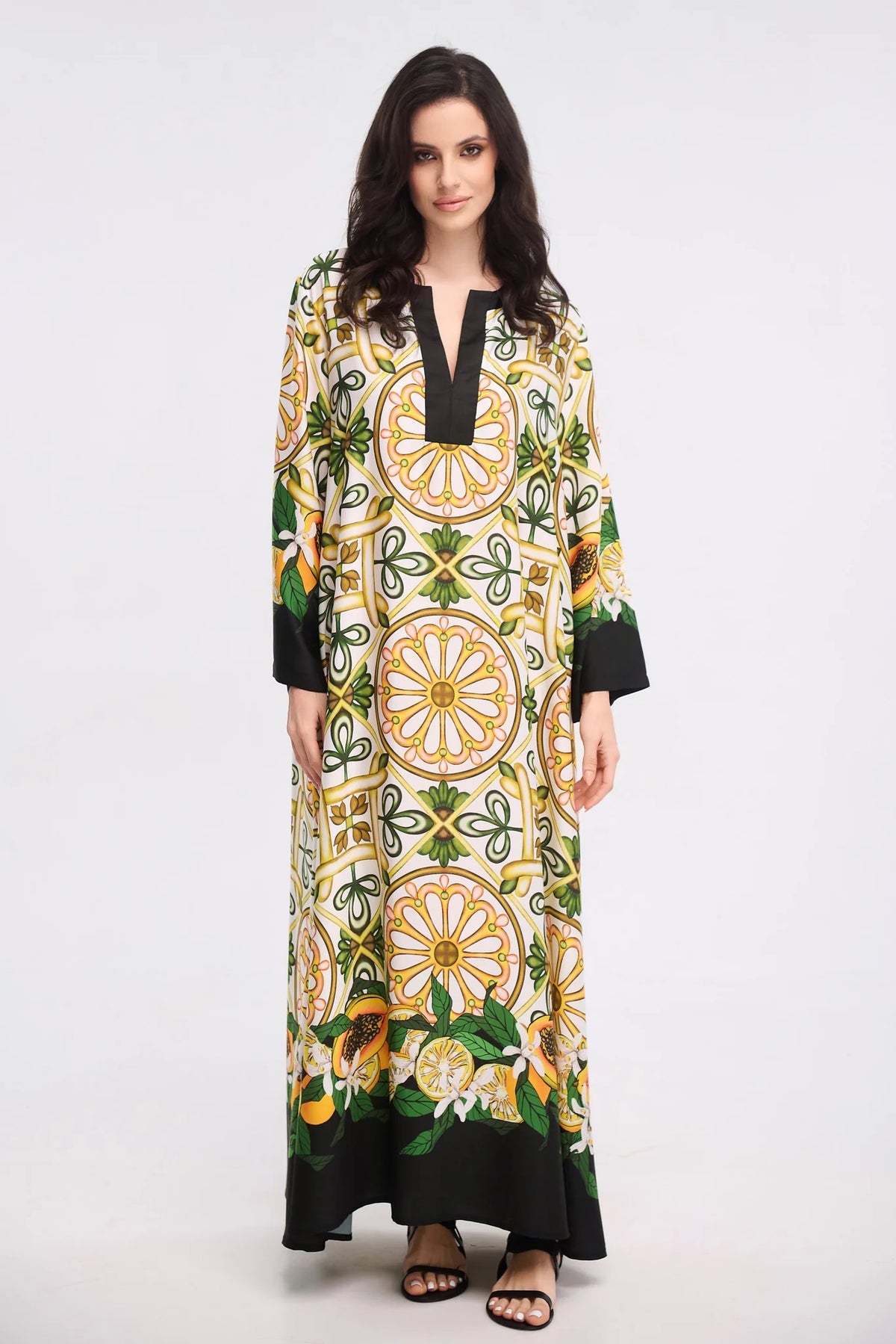 Sicilian Mosaic &amp; Citrus Print Maxi Kaftan Dress – Ivory V-Neck Bell Sleeve Gown