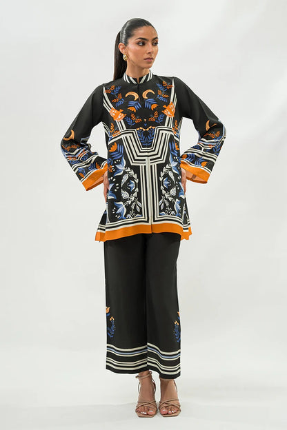 Black Floral Border Print Co-Ord Set – Mandarin Collar Tunic &amp; Straight Pants
