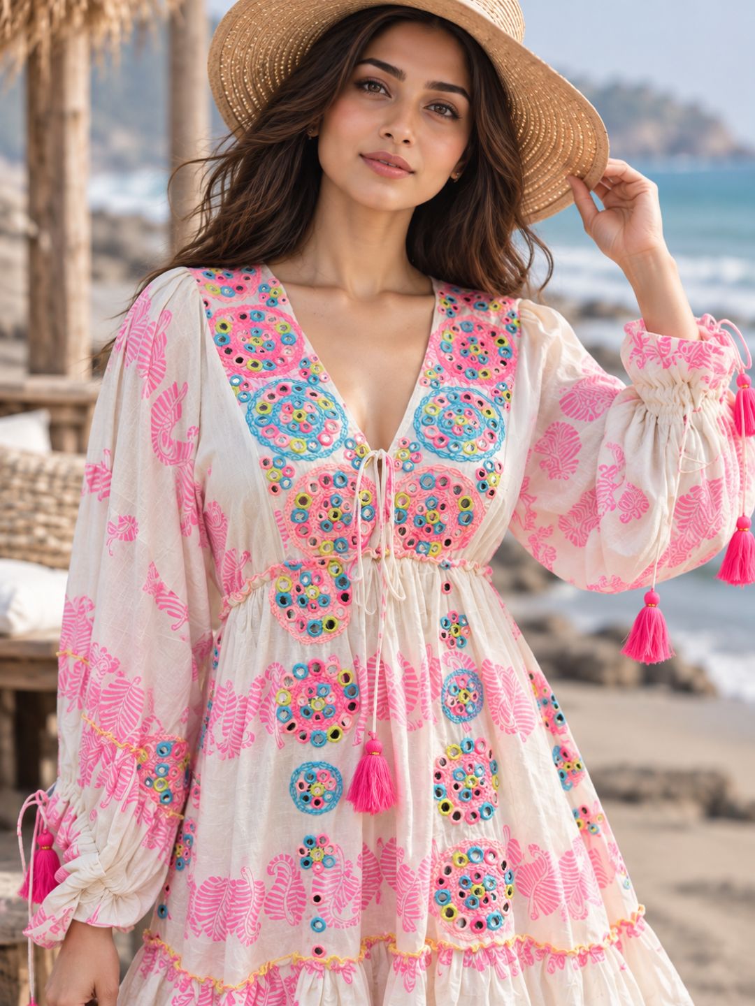 Ivory &amp; Pink Printed Cotton Short Dress with Multicolor Embroidered Yoke &amp; Tassel Detailing