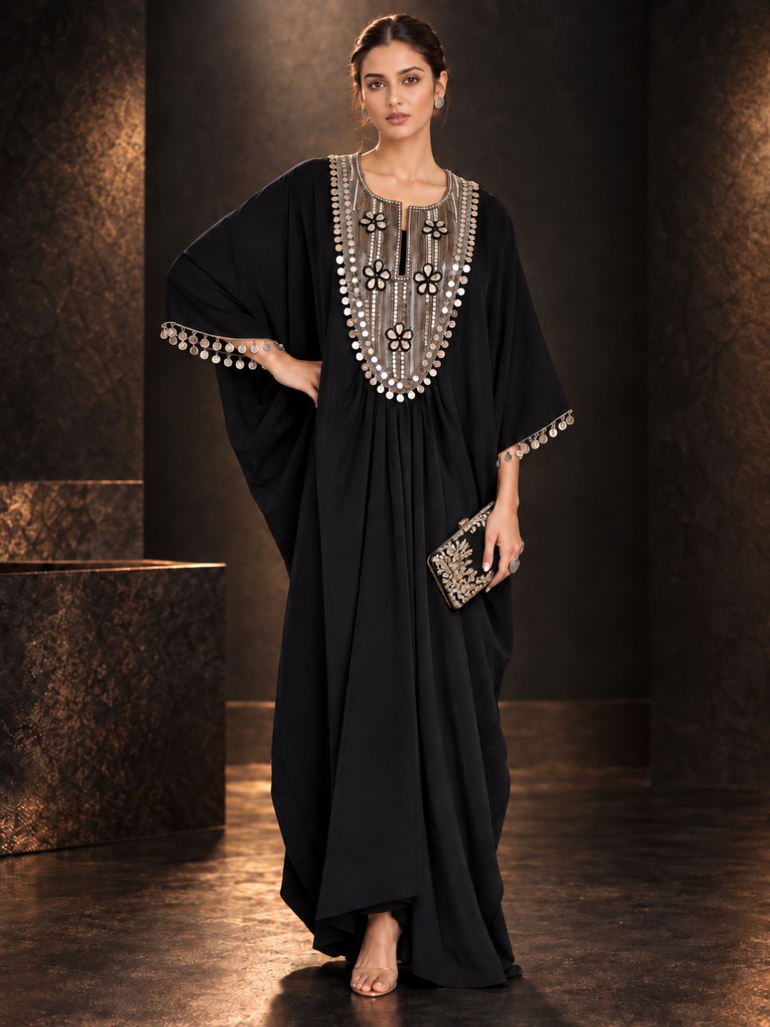 Black Embellished Kaftan Dress for Women | Coin Tassel Yoke Embroidered Maxi Kaftan – Festive &amp; Party Wear