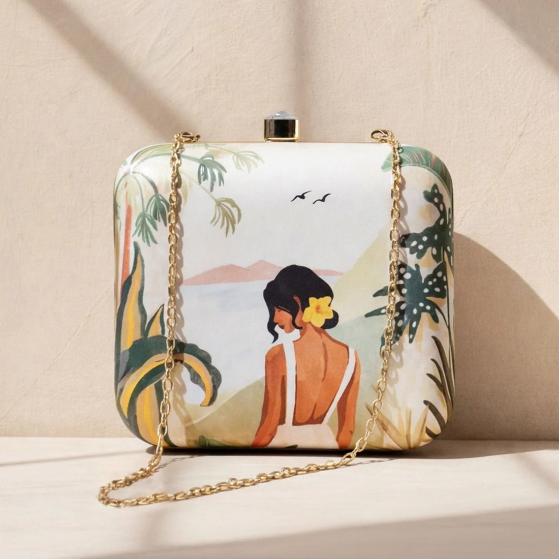 Tropical Paradise Print Hard Case Clutch Bag with Gold Chain