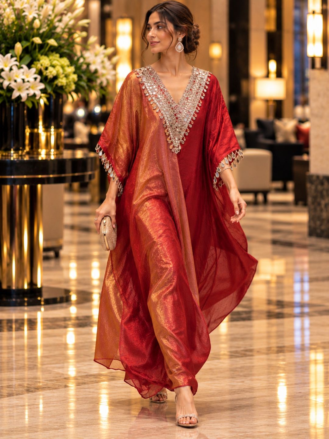 Red Ombré Space Silk Kaftan with Mirror Work V-Neck | Festive Draped Kaftan Dress for Women | Party &amp; Wedding Wear