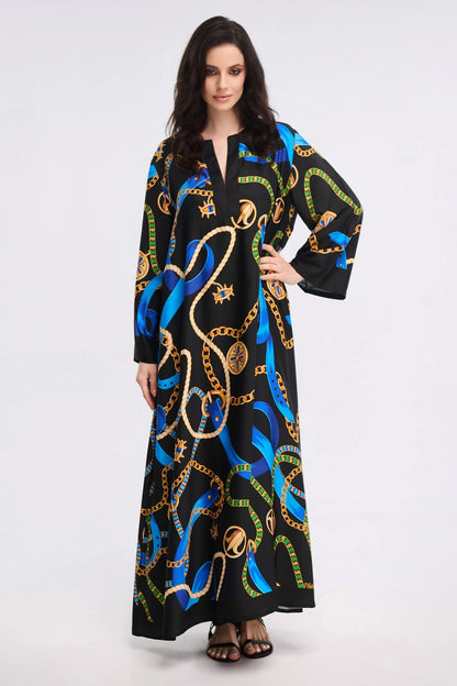 Black Chain &amp; Ribbon Print Maxi Kaftan Dress
