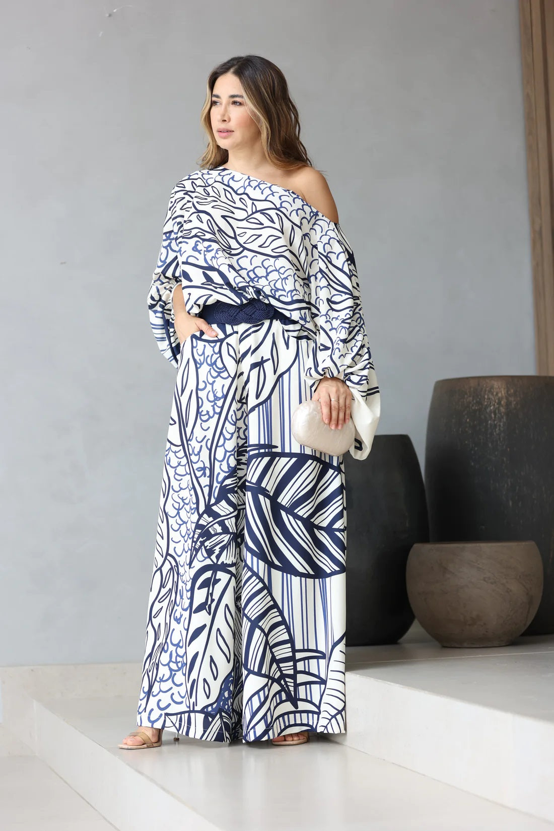 PIAAH Stylish Leaf-Patterned Blue Printed Off-Shoulder Korean BSY Co-ord Set