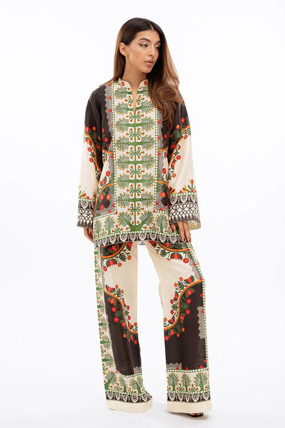 Folk Floral Print Co-Ord Set – Ivory &amp; Brown Mandarin Collar Tunic with Wide-Leg Pants
