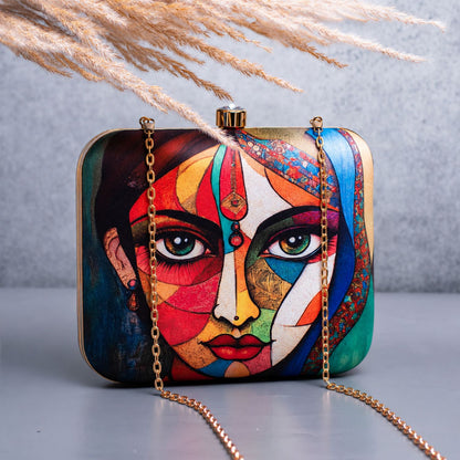 Abstract Art Print Hard Case Clutch Bag with Gold Chain