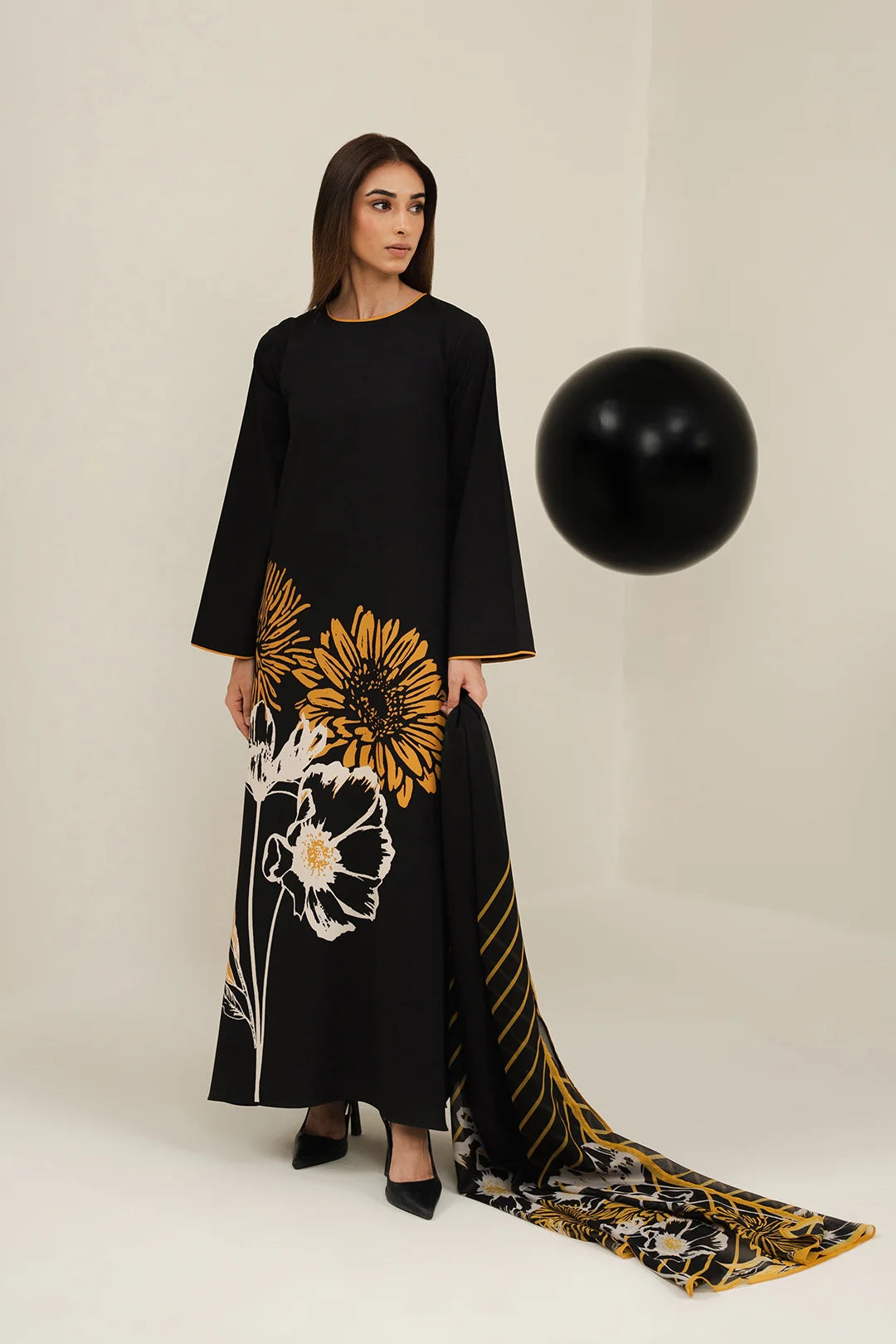 Black Sunflower Print Maxi Dress – Round Neck Bell Sleeve A-Line Gown