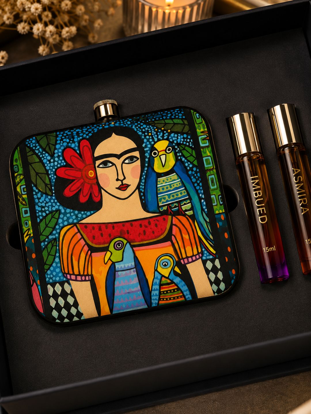 Folk Art Printed Vanity Pouch with 15ml Fragrance Bottles Gift Set