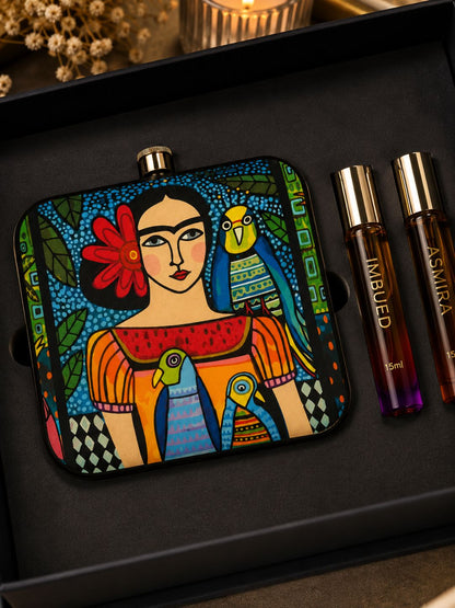 Folk Art Printed Vanity Pouch with 15ml Fragrance Bottles Gift Set