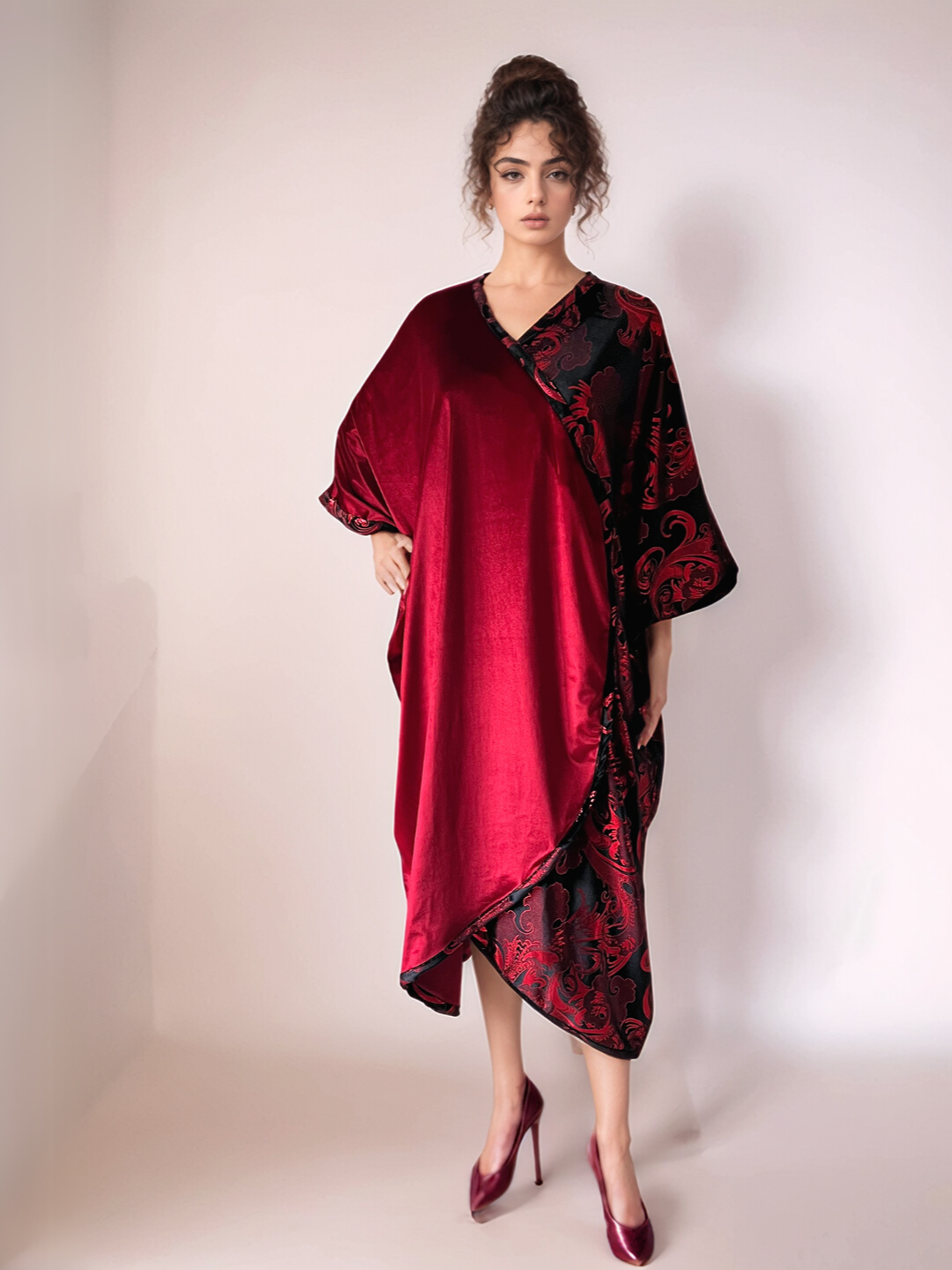 Elegant Red and Black Velvet Kaftan with Floral Patterns