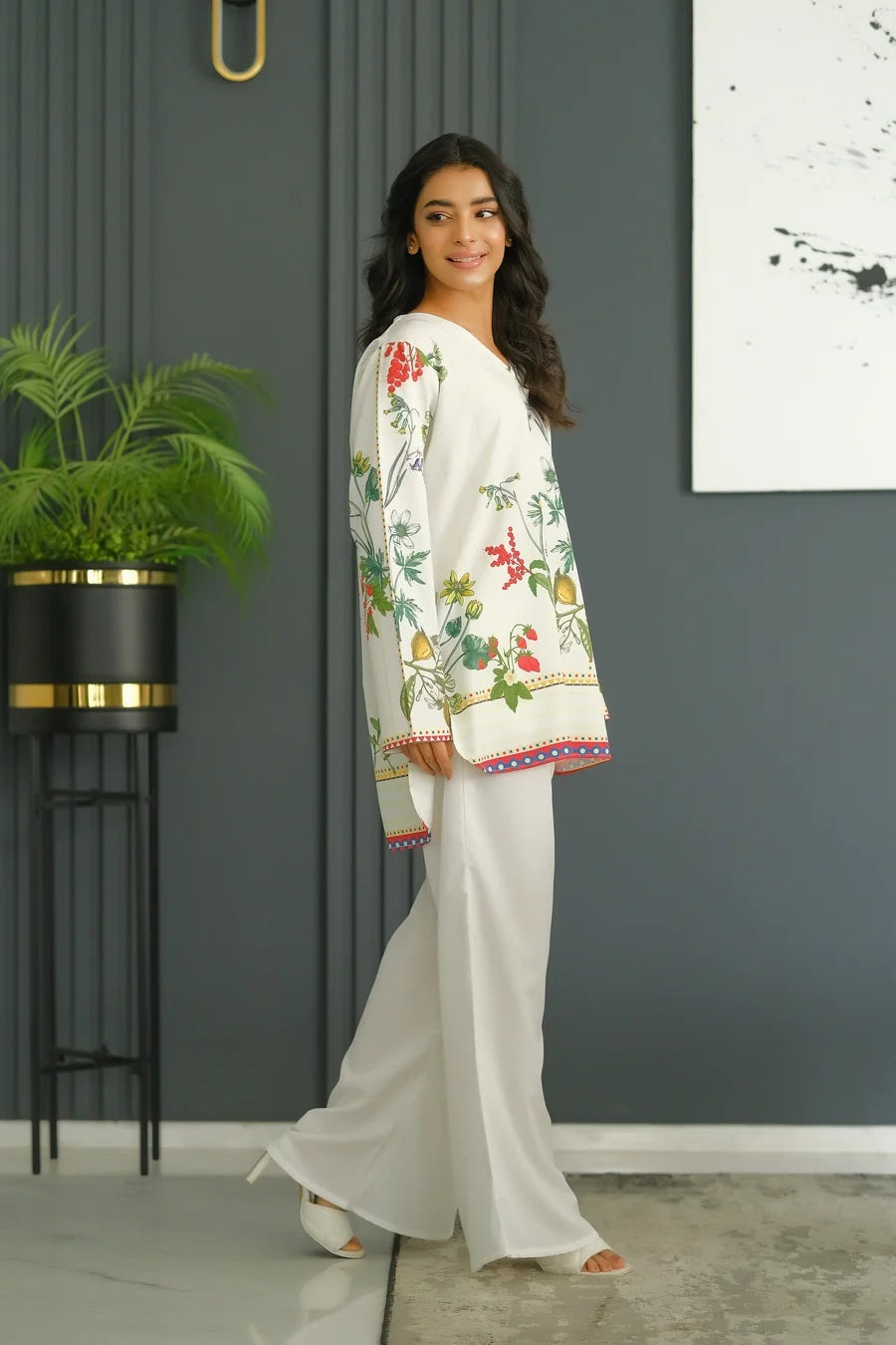 Ivory Botanical Print Tunic with Solid Flared Pants Co-Ord Set