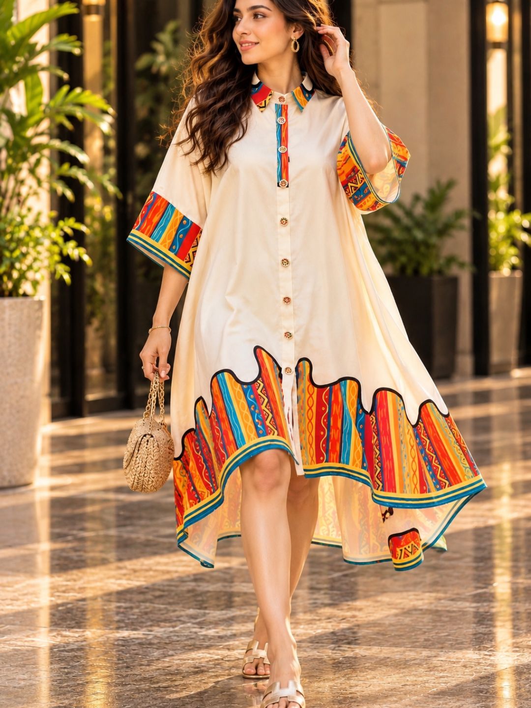 Rainbow Printed Cotton Linen High-low  Dress with Flared Hem &amp; Statement Sleeves