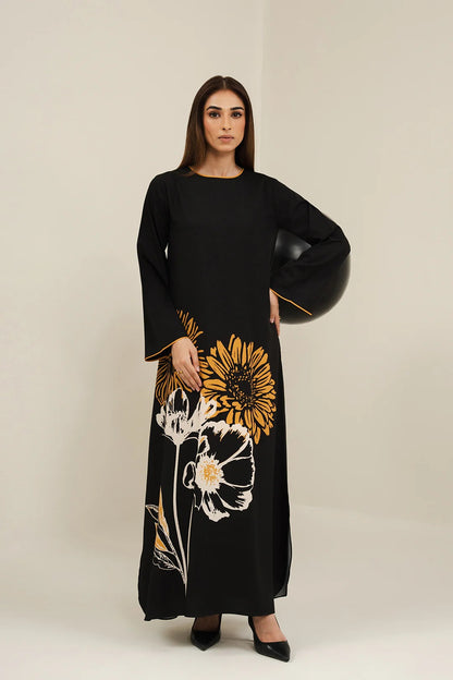 Black Sunflower Print Maxi Dress – Round Neck Bell Sleeve A-Line Gown