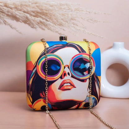Pop Art Sunglasses Print Hard Case Clutch Bag with Gold Chain