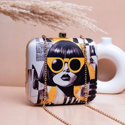 Modern Fashion Portrait Print Hard Case Clutch Bag with Gold Chain