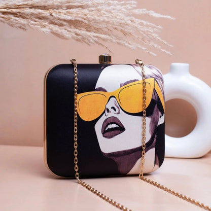 Chic Monochrome Fashion Print Hard Case Clutch Bag with Gold Chain
