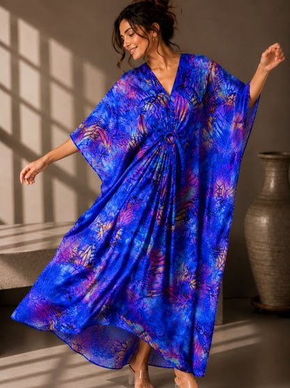 Emerald Bloom Printed Kaftan Maxi Dress with Ring Detail -Blue