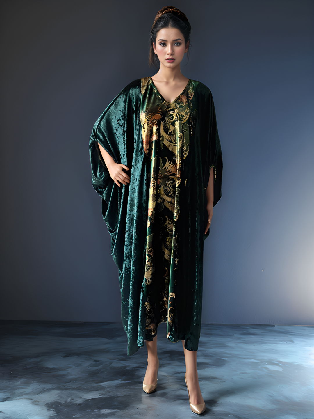 Elegant Green Velvet Kaftan Dress with Golden Embellishments