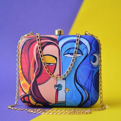 Dual Tone Abstract Face Print Hard Case Clutch Bag with Gold Chain