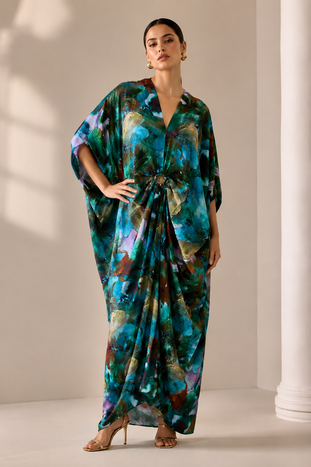 Emerald Bloom Printed Kaftan Maxi Dress with Ring Detail