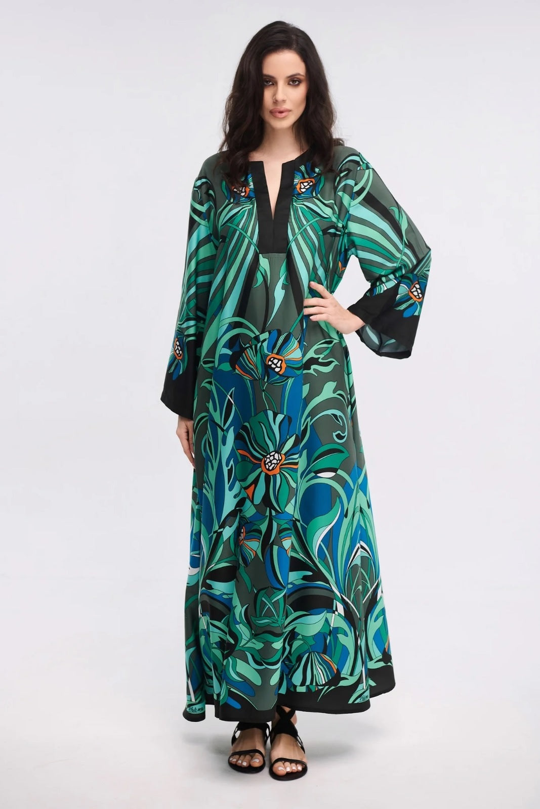 Tropical Floral Print Maxi Kaftan Dress – Green &amp; Blue V-Neck Flowy Gown