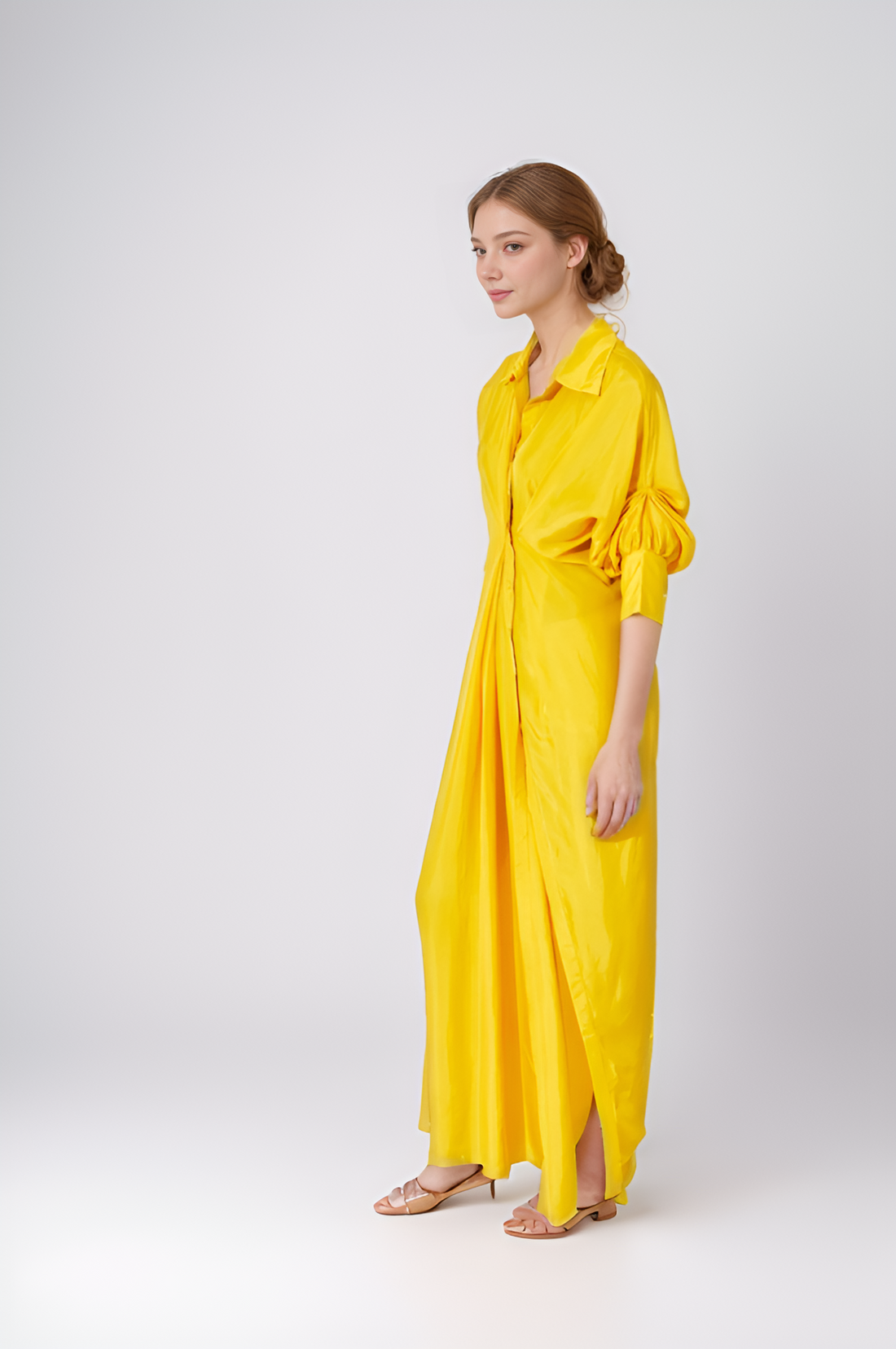 Yellow High Slit Button Dress