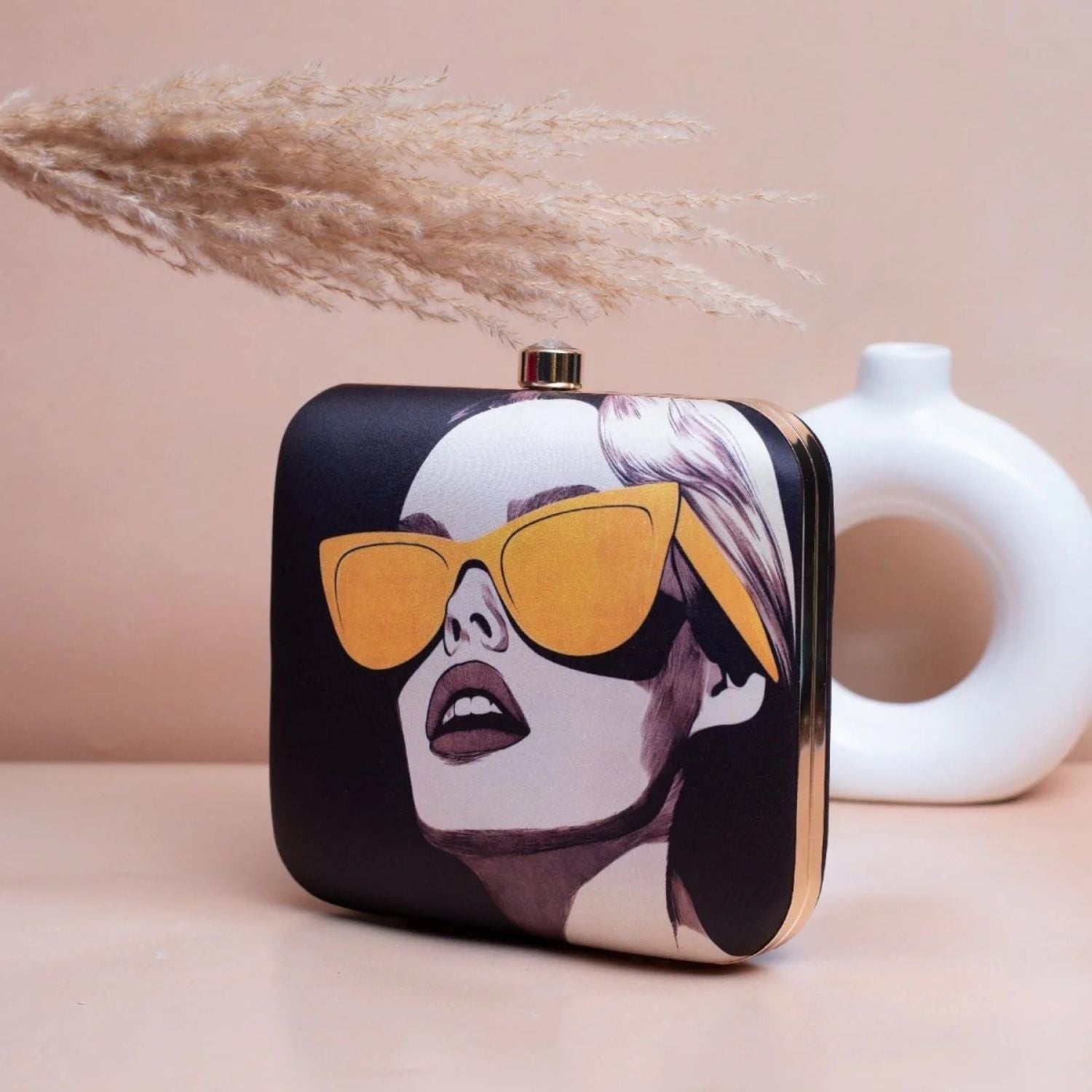 Chic Monochrome Fashion Print Hard Case Clutch Bag with Gold Chain