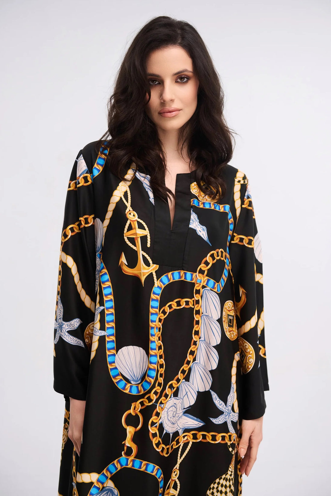 Black Nautical Chain Print Maxi Kaftan Dress
