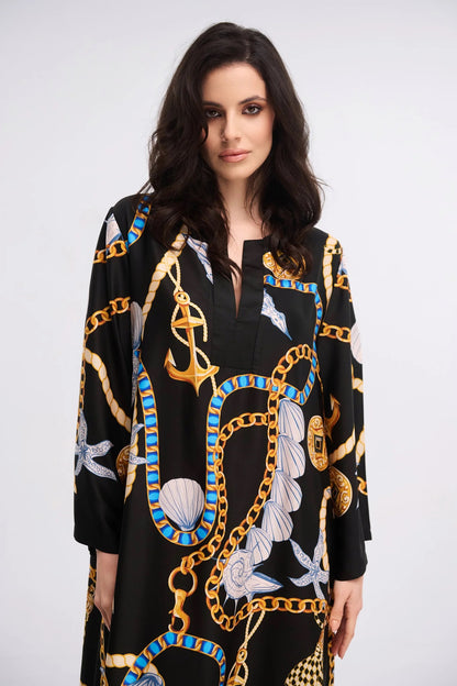 Black Nautical Chain Print Maxi Kaftan Dress