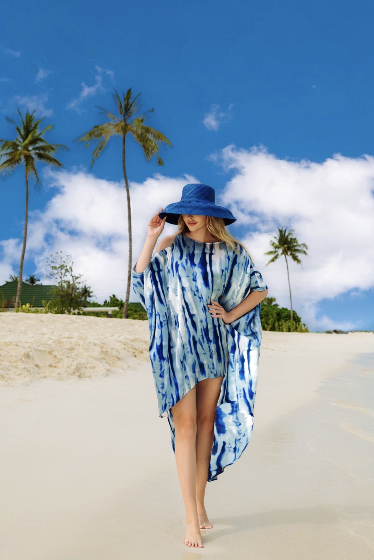 Beach Style Artemis Silk Blue &amp;Grey Short Length Geometric Printed Free Size Kaftan Beachwear