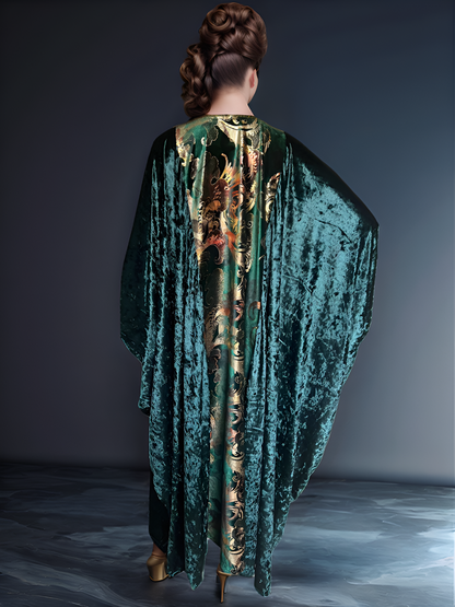 Elegant Green Velvet Kaftan Dress with Golden Embellishments