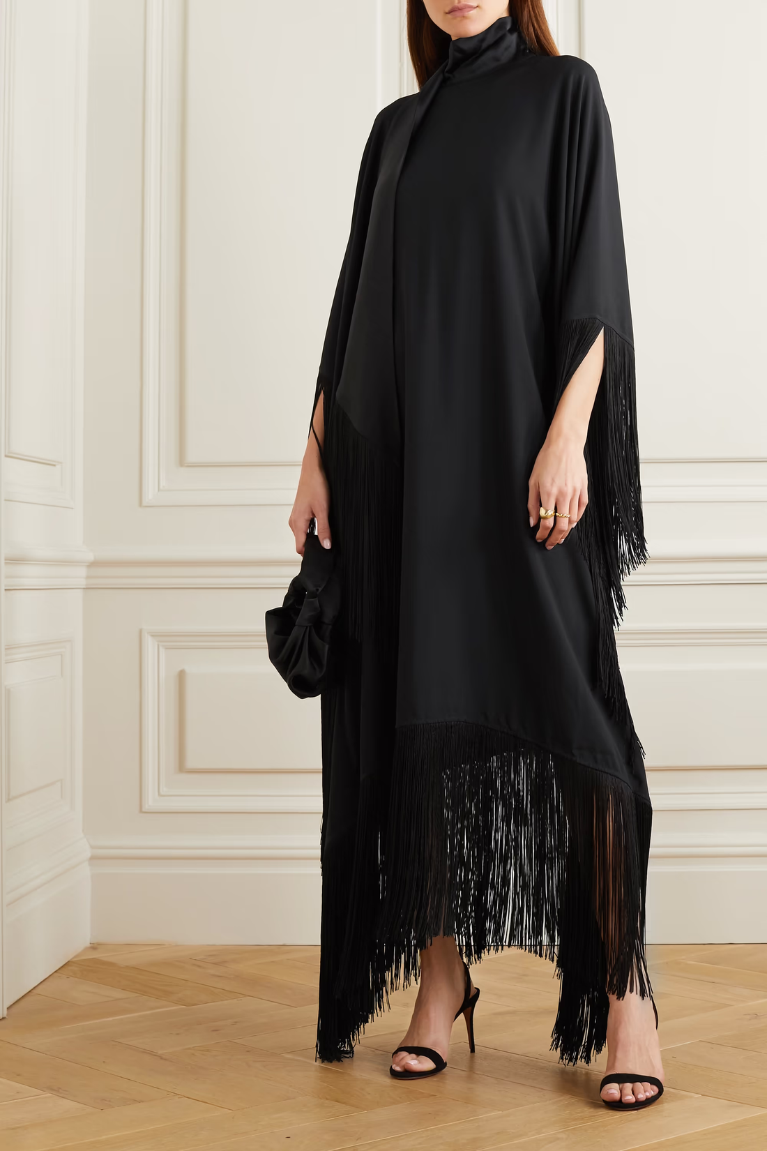 Stylish Imported Nida Fringe  Black High Neck Kaftan Dress - Free Size