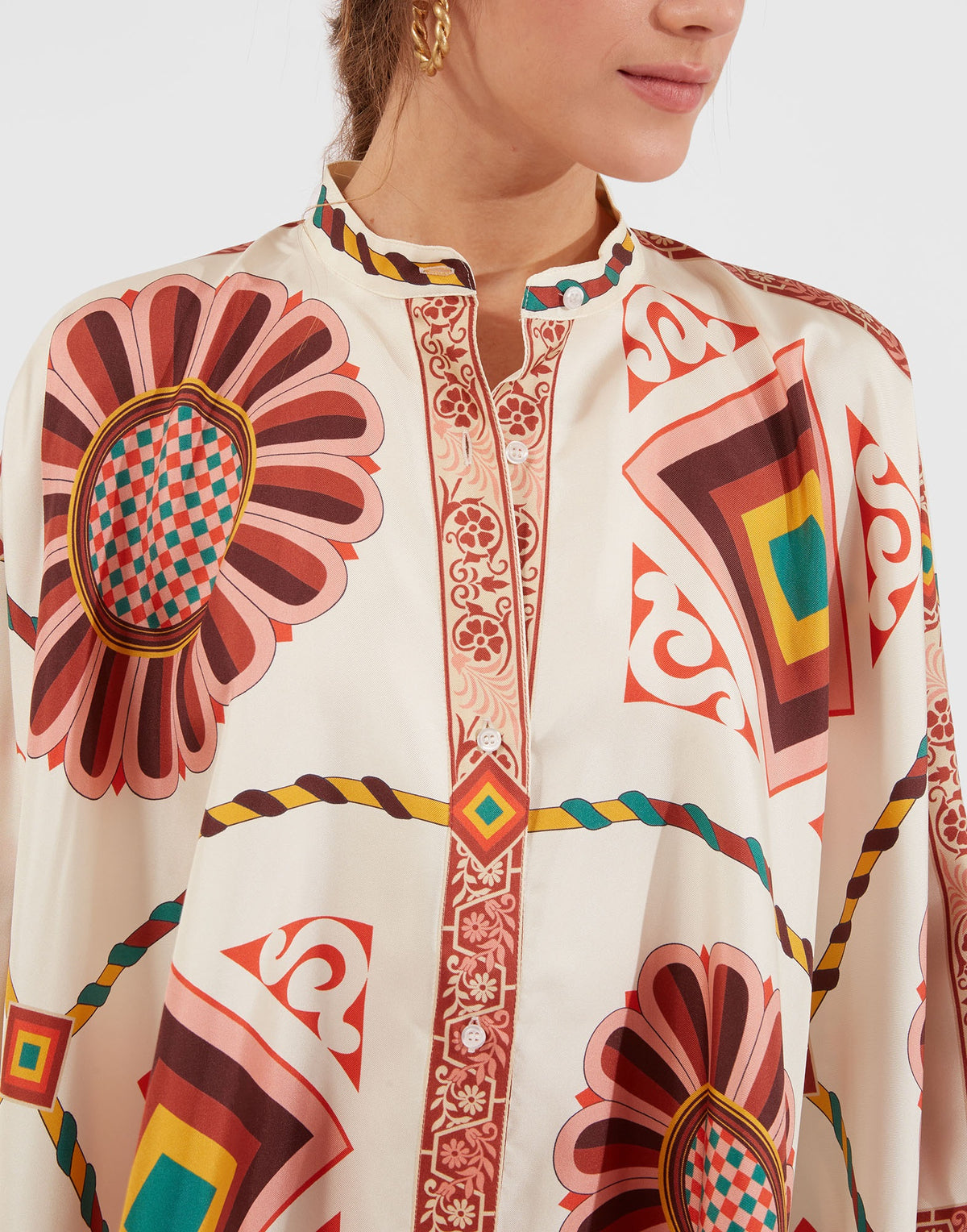 Ivory Retro Medallion Print Cape-Sleeve Co-Ord Set