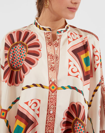 Ivory Retro Medallion Print Cape-Sleeve Co-Ord Set
