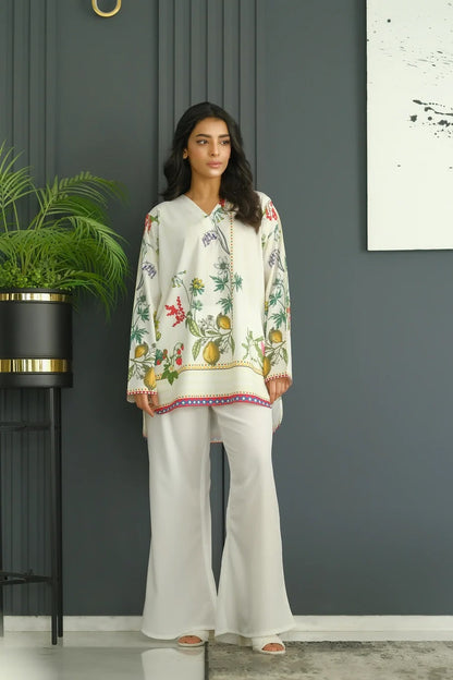Ivory Botanical Print Tunic with Solid Flared Pants Co-Ord Set