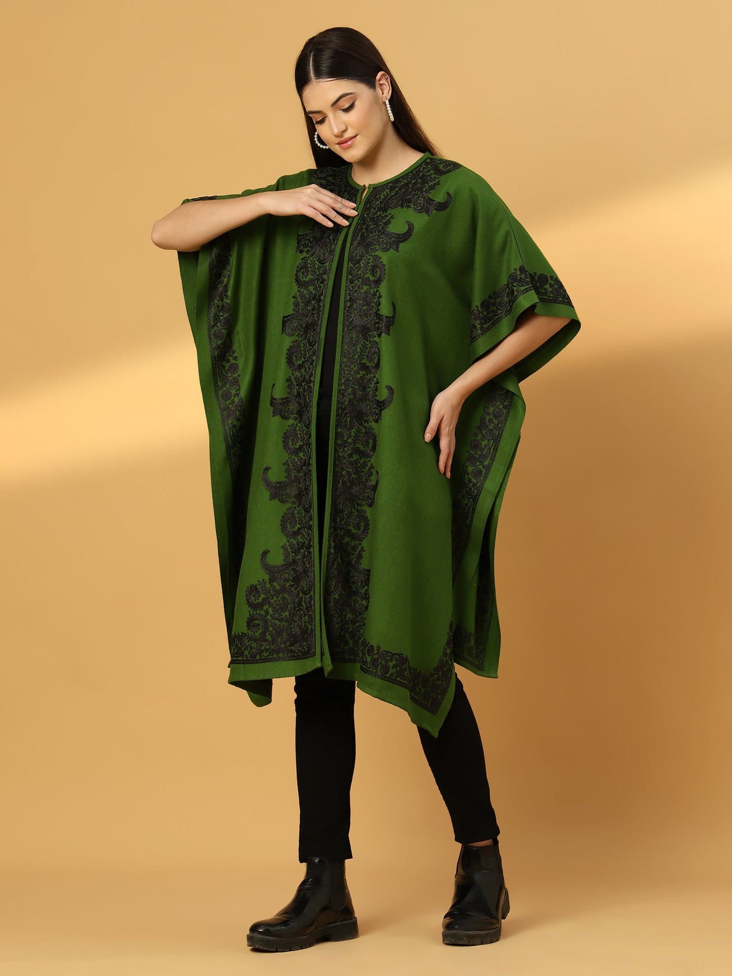 Floral Embroidery Green Pheran Shrug