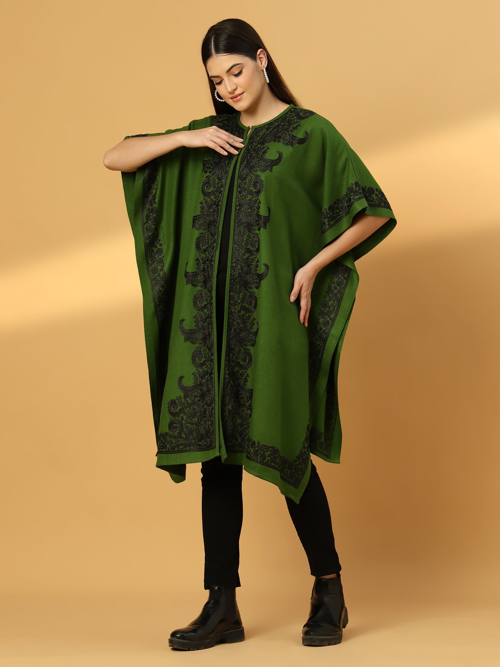 Floral Embroidery Green Pheran Shrug