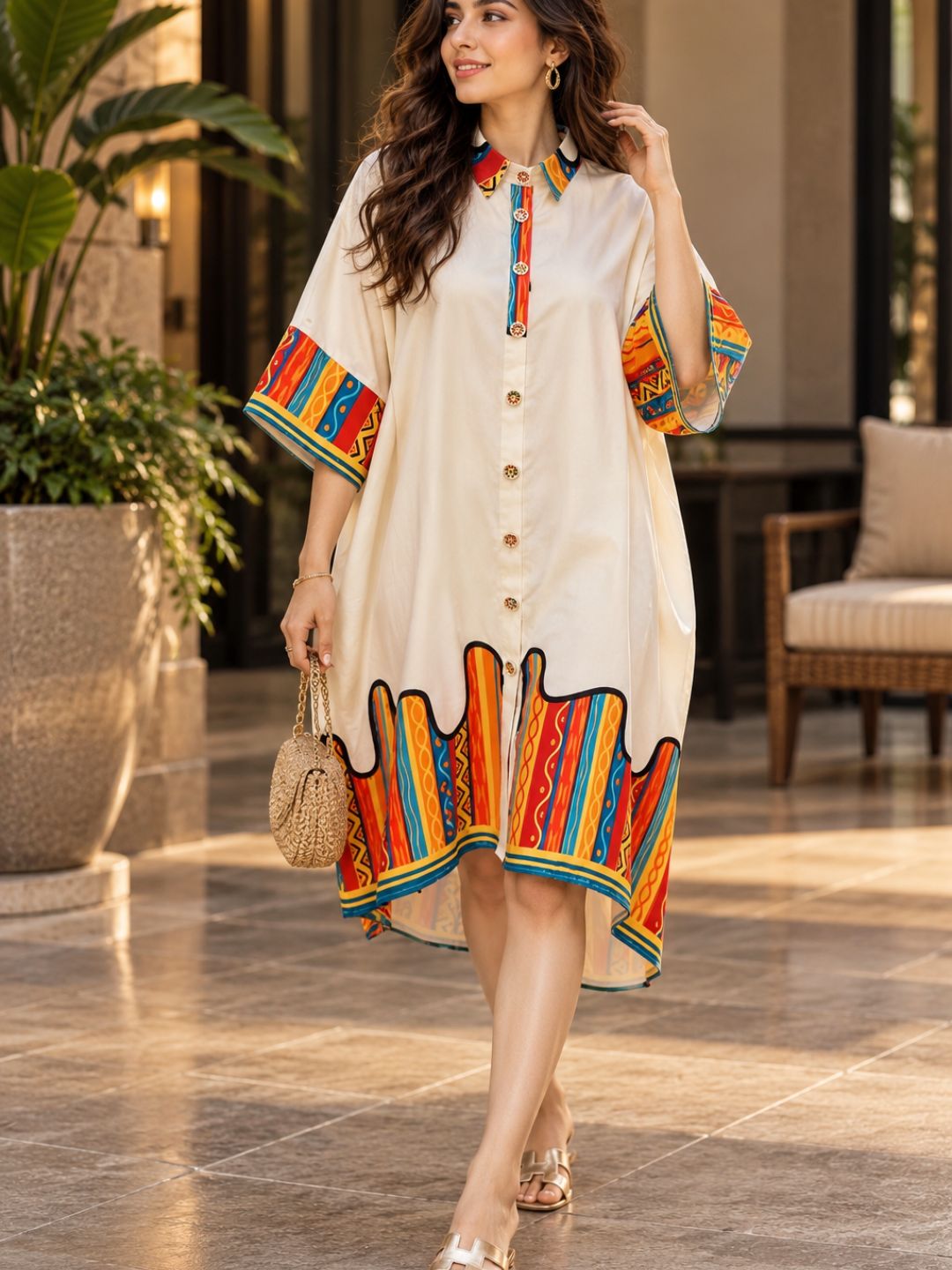 Rainbow Printed Cotton Linen High-low  Dress with Flared Hem &amp; Statement Sleeves
